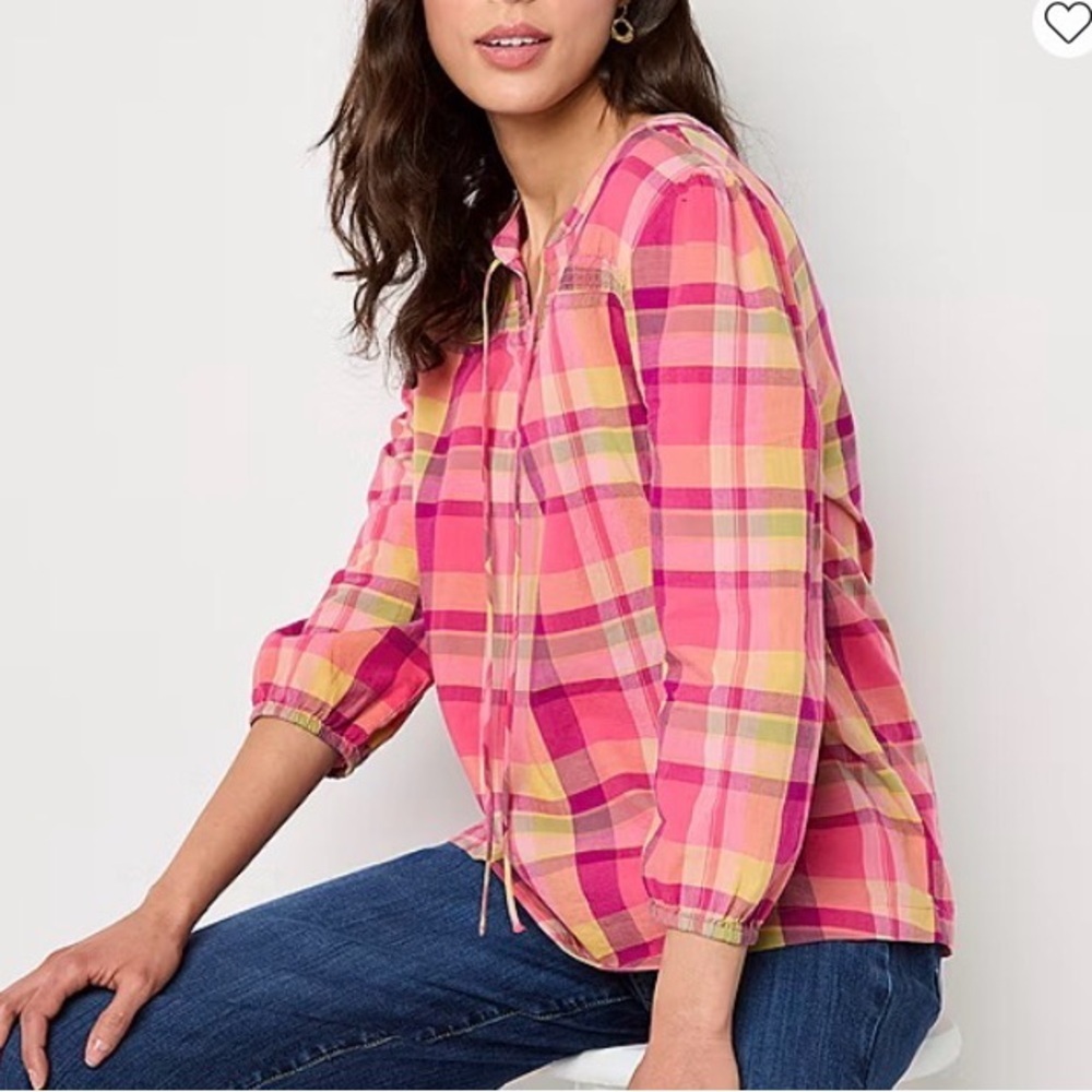 4/$20 St John's Bay Pink Plaid Split Tie Neck 3/4 Sleeve Blouse Size M NWT - Picture 3 of 5